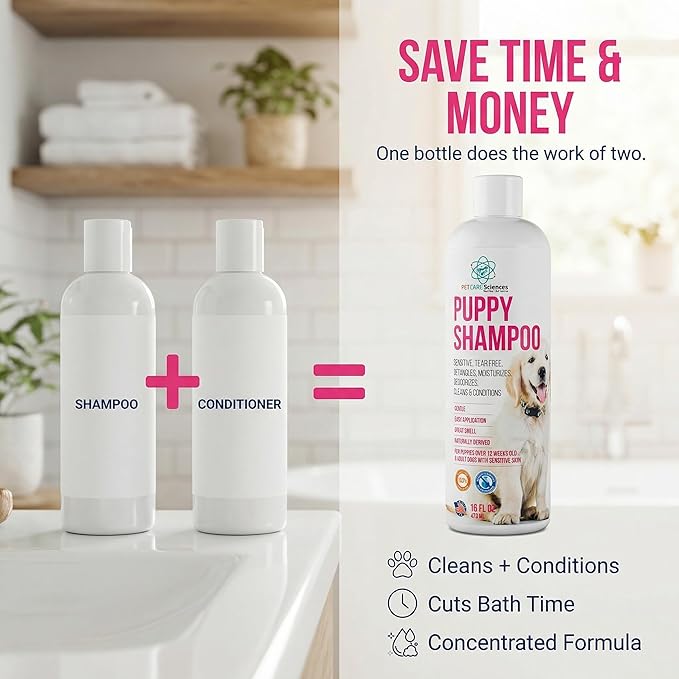 16 fl oz Tearless Puppy Shampoo and Conditioner - Anti Itch Dog Shampoo Sensitive Skin - Coconut Oil Oatmeal Pet Shampoo for Puppies, Made in the USA.
