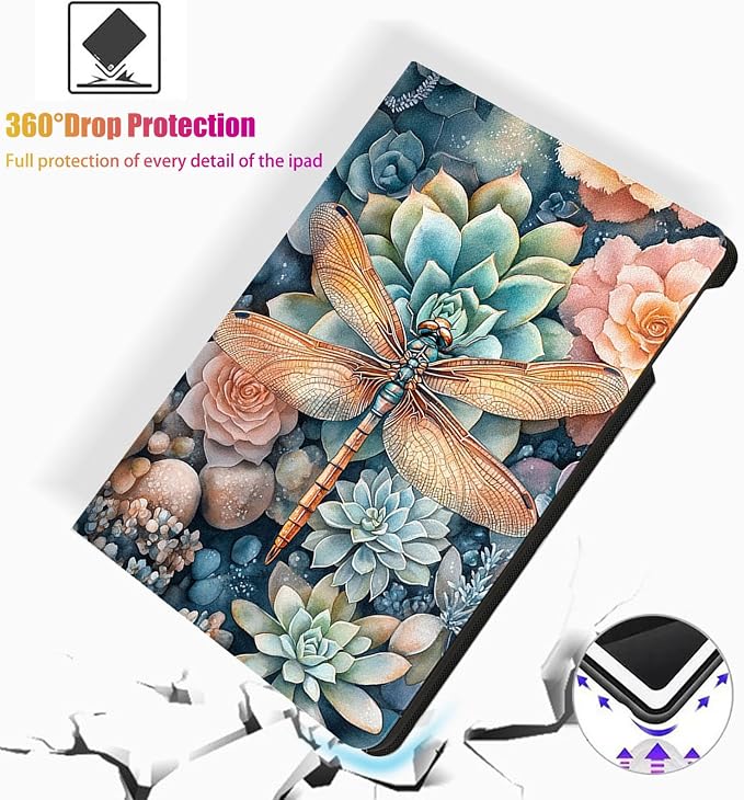 for Microsoft Surface Pro 11/10/9-13" 2024/2022 Tablet Case,Auto Wake/Sleep,Adjustable Stand Protective Cover - Watercolor Dragonfly Succulent