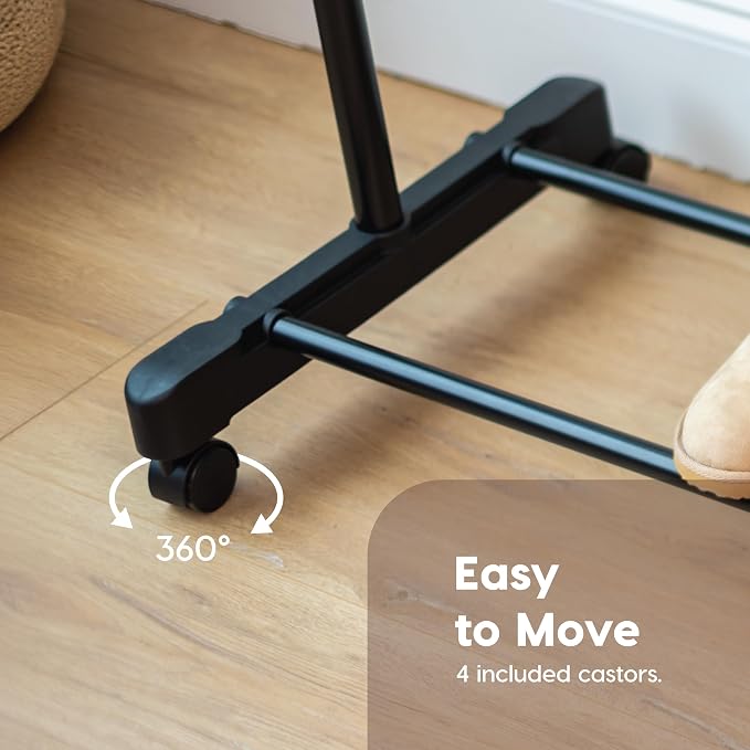 IRIS USA Single Rod Rolling Clothes Rack, Height Adjustable, Black | Adjustable hanging space for garments, accessories, and storage needs with smooth mobility