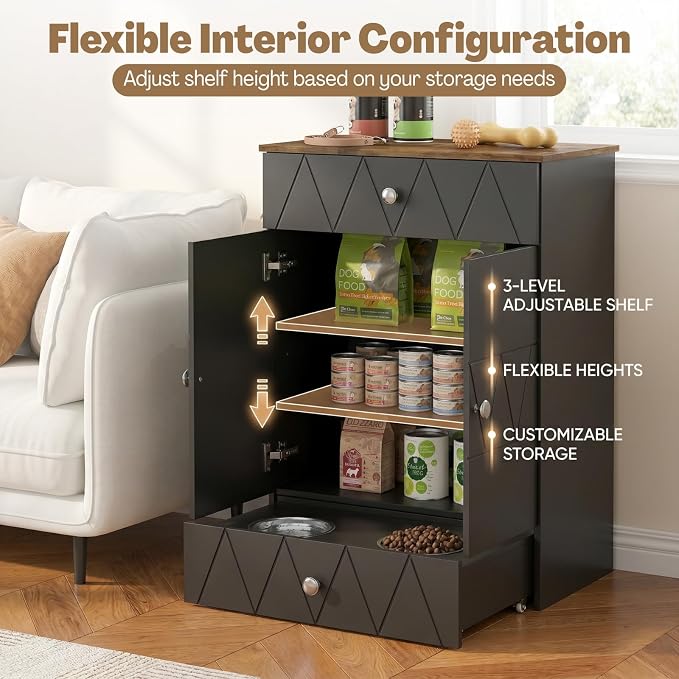 Dog Feeding Station with Storage Cabinet, Hidden Pull-Out Elevated Dog Bowls, Stainless Steel Feeding Drawer, Adjustable Shelves & Hooks, Modern Pet Food Storage Organizer for Dogs (Black)