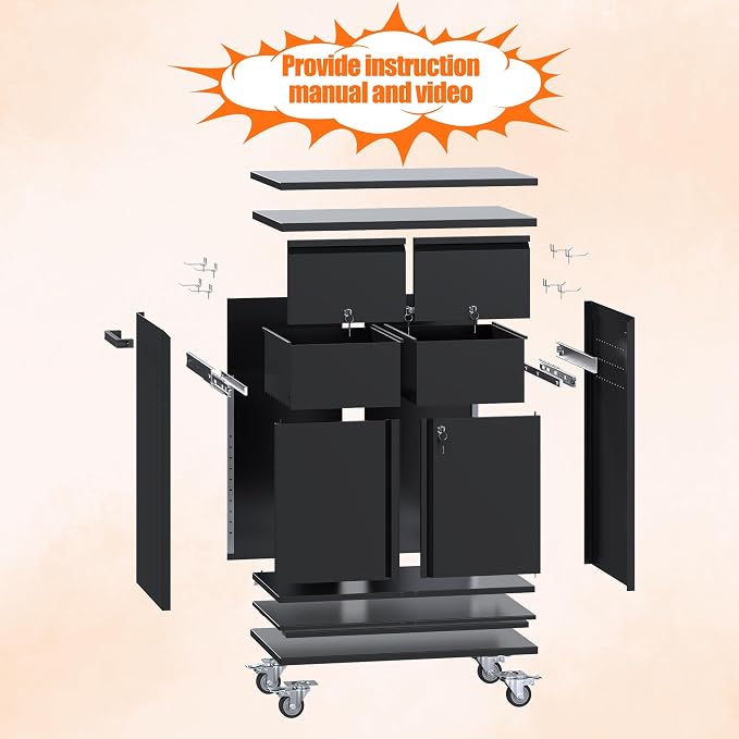 Metal Tool Cabinet with 2 Drawers, Adjustable Shelf & Wheels, Black | Rolling Garage Storage Cabinet with 2 Doors for Tools and Workshop