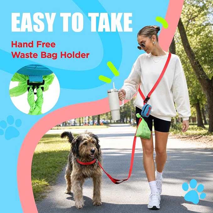 Dog Poop Bag Holder for Various Leashes,Hands Free Dogs Bag Holder with Hook loop/Carabiner Clip,Dogs Poop Bags Rolls Holder-Large Capacity,Dog Walking,Blue