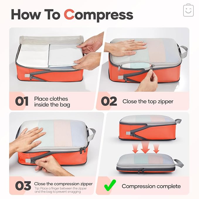 Veken 9/11 Set Compression Packing Cubes Garment Bags for Travel Essentials,Compressible Expandable Luggage Organizer Bags for Clothing,Space Saver Bags with Over 1000 pcs of Mesh Holes(Orange)