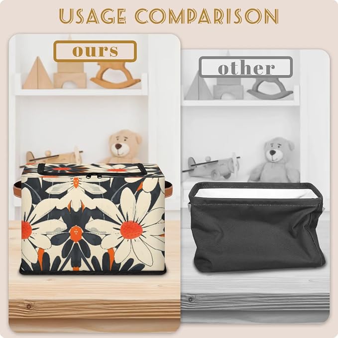 Orange Flowers Storage Bins With Zipper Lid, Collapsible Trunk Organizer, Car Organizers and Storage Bins with Lids, Decorative Storage Boxes with Handle, Home Storage Baskets for Organizing