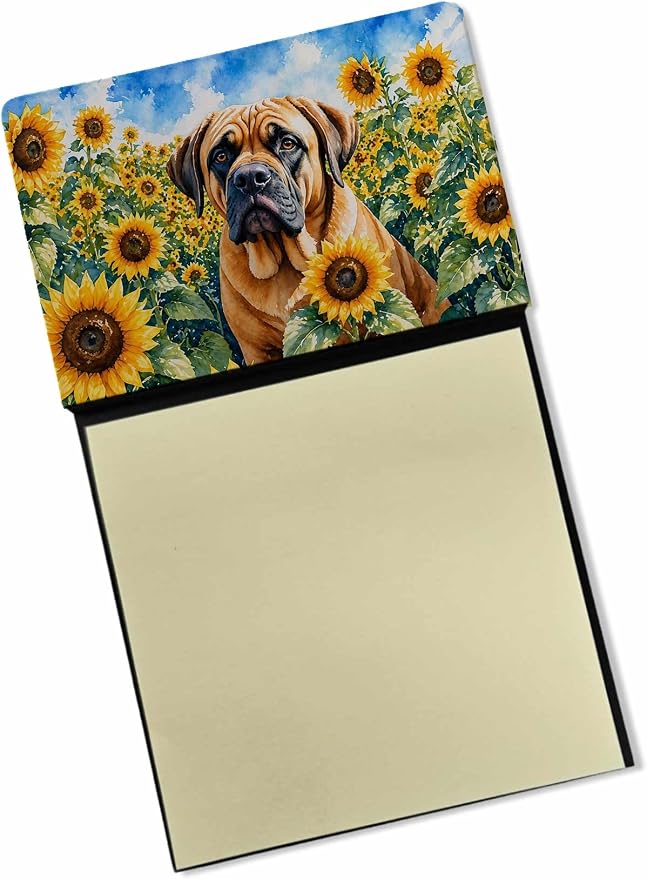 Caroline's Treasures Mastiff in Sunflowers Watercolor Sticky Note Holder Refillable Dispenser Desk Accessory 3x3 Pad Gift
