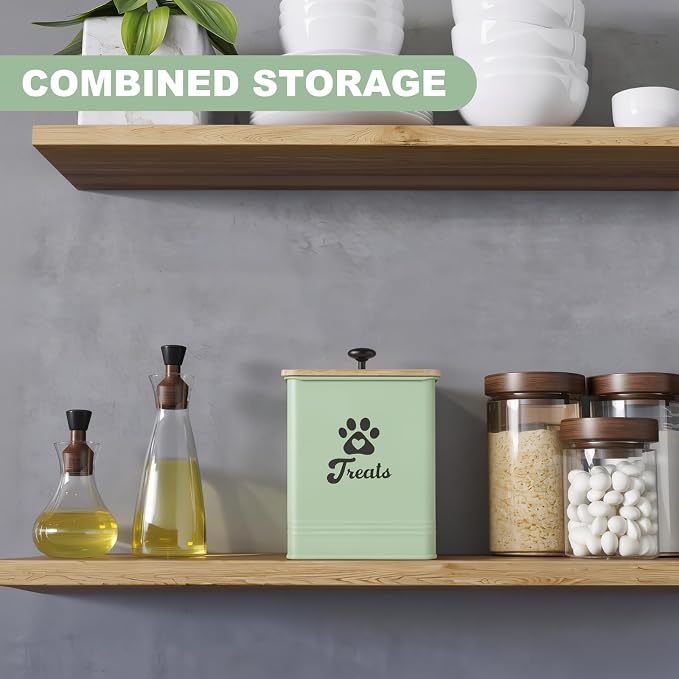 Dog Treat Container Airtight, 5.7"W x 6.7"H Iron Pet Treat Jar with Bamboo Lid, 12 Cup Food Storage Canister for Kitchen Counter, Decorative Pet Cookie Jar for Dog Snacks Kibble,Saga Green
