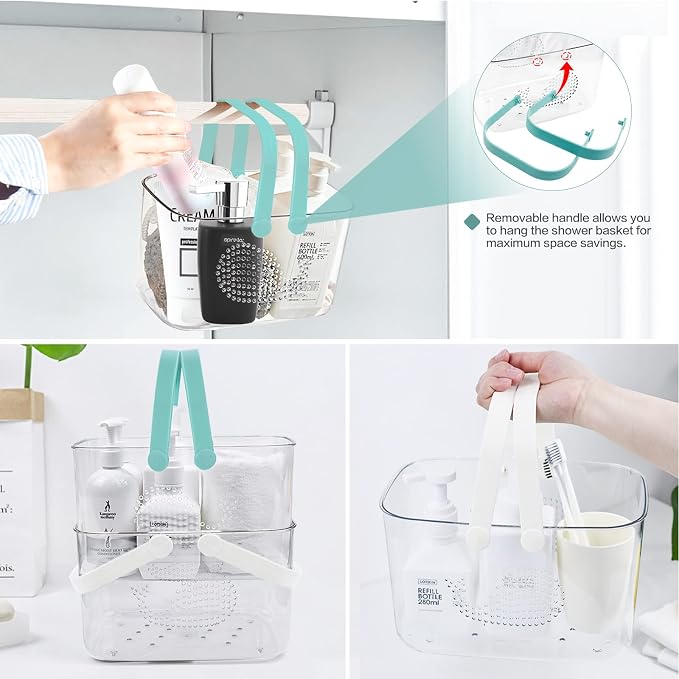 2 Pack Plastic Shower Caddy Basket for Bathroom (White+Cyan) | Portable Shower Caddy Tote Storage Basket with Colorful Handles, Clear Toiletry Organizer Bin for Kitchen College Dorm