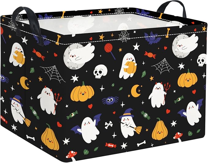 Rectangular Halloween Basket for Boys and Girls Kids Trick or Treat Pumpkin Basket for Halloween Parties Cute Storage Bin Organizer Box Room Decor(Black Halloweens)