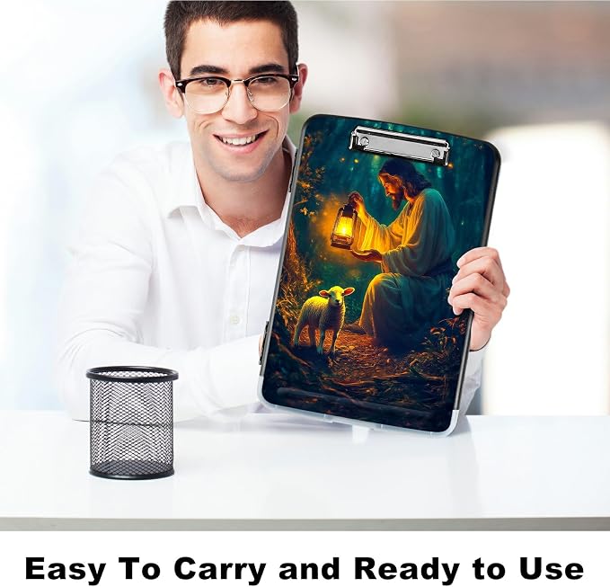 A4 Clipboard with Storage Pen Holder, Clipboards Organizer Nursing Clipboard Foldable File Folder Plastic Clipboard Folio Clip Board for Office Work Classroom Doctor, Man Sheep Forest