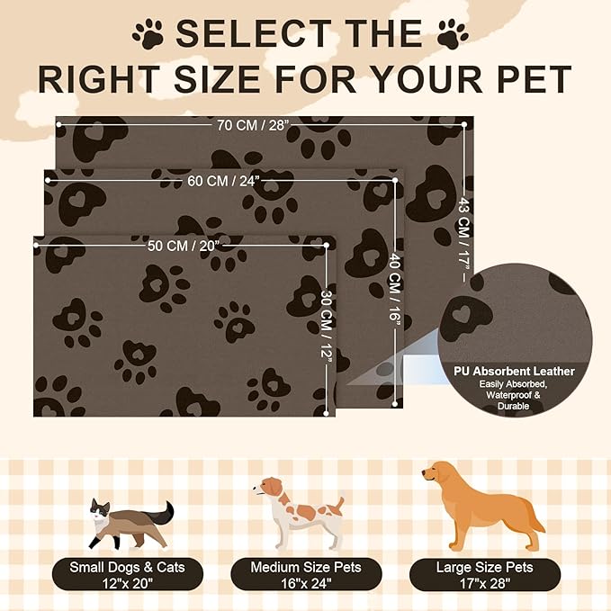 BLESWIN Pet Feeding Mats 12"x20", Water Absorbing Mat for Dog Bowl, Water Bowl Mat for Dogs Waterproof, Non Slip Mat for Dogs, Dog Water Bowl Mat for Messy Drinkers, Cat Mat for Food and Water, Brown