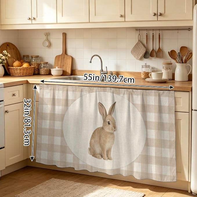Rabbit Plaid Sink Skirt for Bathroom, Self-Adhesive Under Sink Curtain, Rustic Farmhouse Checkered Retro Animal Hide Pipes & Storage Fabric Cabinet Skirt Cover for Kitchen Laundry 32"x55"