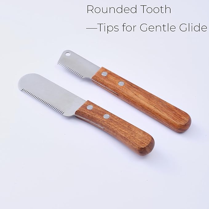 Carding Knife for Dog Grooming, Undercoat Removal Comb for Terriers and Double Coated Breeds, 2 Piece Fine and Coarse Wooden Handle Set for Professional Groomers and Home Use