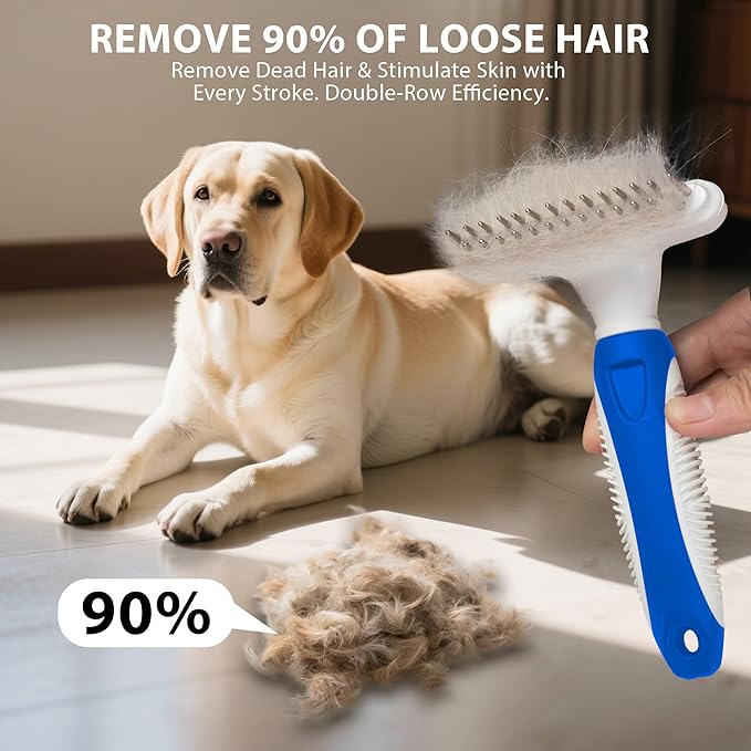 Dog Cat Grooming Tool Rake, Pet Dematting Tool with Stainless Steel Shedding Comb, Double Row Pet Rake Gently Remove Loose or Tangled Hair from Undercoat Blue