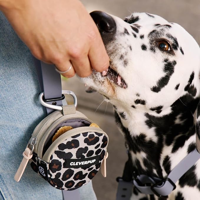 Cleverpup Snackpack Double Insulated Dog Treat Pouch – 1.5 Cup, 2 Pockets – Leopard