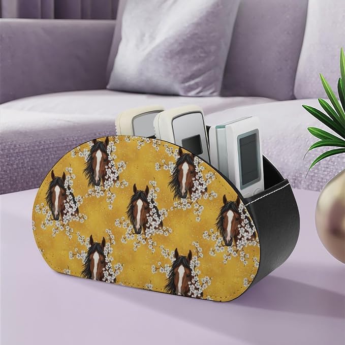 TV Remote Control Holders Horse Flower Yellow Office Desktop Storage Cup | 5 Compartments, Pu Leather, Horse Flower Yellow, Media Controllers Supplies Makeup Brush
