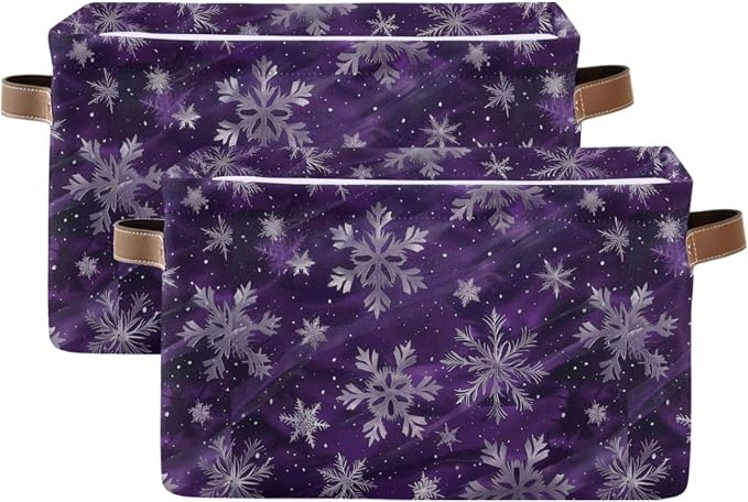 Wamika Winter Snowflake Storage Basket with Waterproof Liner and PU Handles Christmas Purple Xmas Storage Bins Boxes 14.2" Collapsible Decorative Organizer Baskets for Bedroom Closet Office 2 Pack