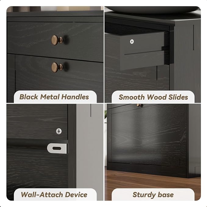 Wood Shoe Storage Cabinet, Hidden Shoe Rack Cabinet with 2 Flip Drawers | Space-Saving Shoe Storage Organizer, Ultra Slim Narrow Shoe Dresser Open Compartment, for Entry, Hallway, Living Room, Black