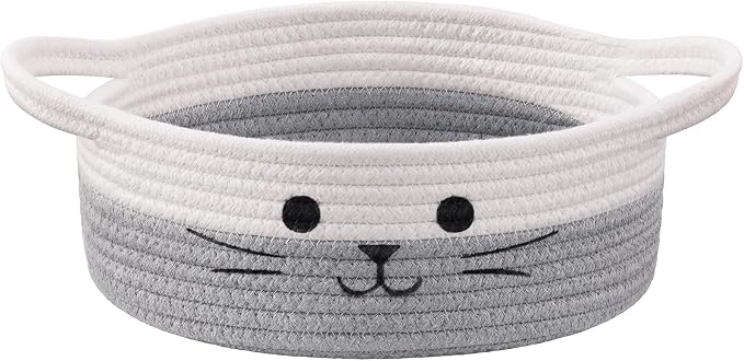 Small Woven Rope Cat Toy Basket with Cat Face Design, White Grey | 9.8" x 4" Cute Cat Basket for Living Room, Decorative Baby Storage Basket, Pet Gift Basket Empty with Sturdy Handles