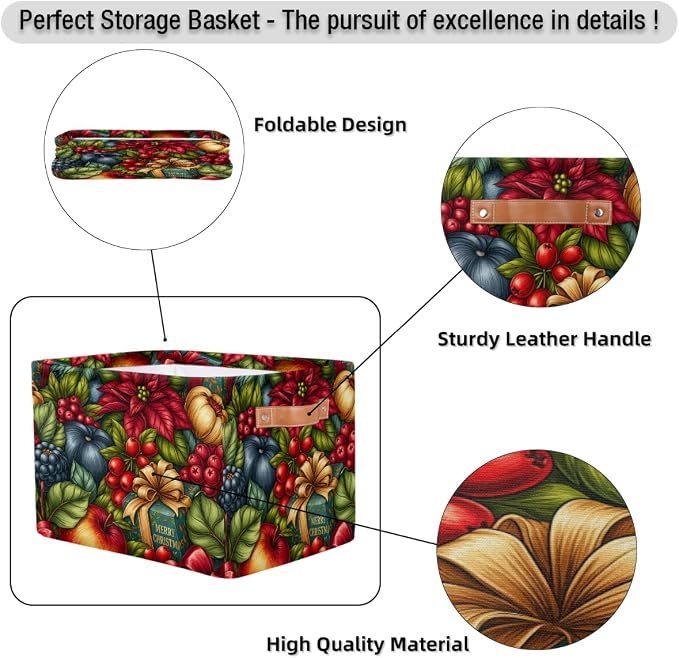 Christmas Basket Storage Bins Rectangle Canvas Basket Cube Storage Box | Nursery Foldable Basket with Handle for Kids Girls Boys Toys Living Room Closet Organizer Shelf Gifts Flower Poinsettia