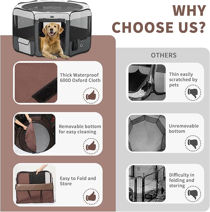 Dog Playpen Portable Pet Play Pens for Small Dog/Cat/Rabbit/Chicks, Cat Playpen Indoor/Outdoor with Carring Case, Removable Zipper Top and Bottom (Gray, Medium (36"x36"x20"), 8)