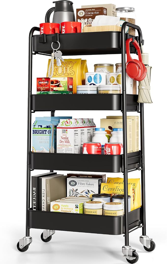 TOOLF 4 Tier Metal Rolling Cart, Utility Storage Cart with Wheels, Black | Screwless Assembly, Lockable Metal Wheels, Trolley Organizer for Bathroom, Kitchen, Office, Dorm, Laundry, Craft Room