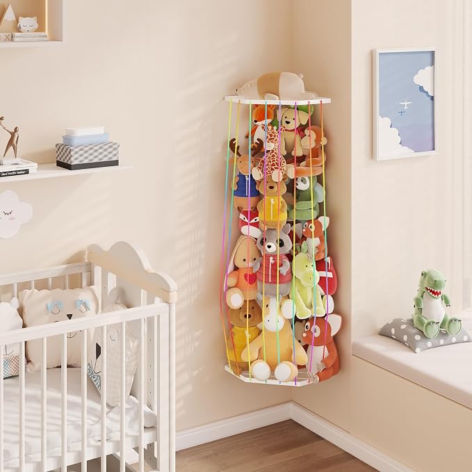 BBLlKE Stuffed Animal Storage Zoo - Corner Plush Toy Organizer Length Adjustable, Wall Hanging Stuffed Animal Net Holder for Nursery Playroom Bedroom Kids Room, Multicolor