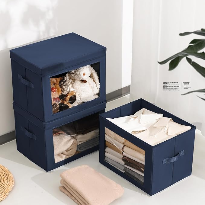 Stackable Storage Bins with Lids - Large Storage Box with Lids, Foldable Closet Boxes for Organizing, Wardrobe Clothes Organizer with Window, Cubes Bins for Living Room, 3 Pack, Navy Blue