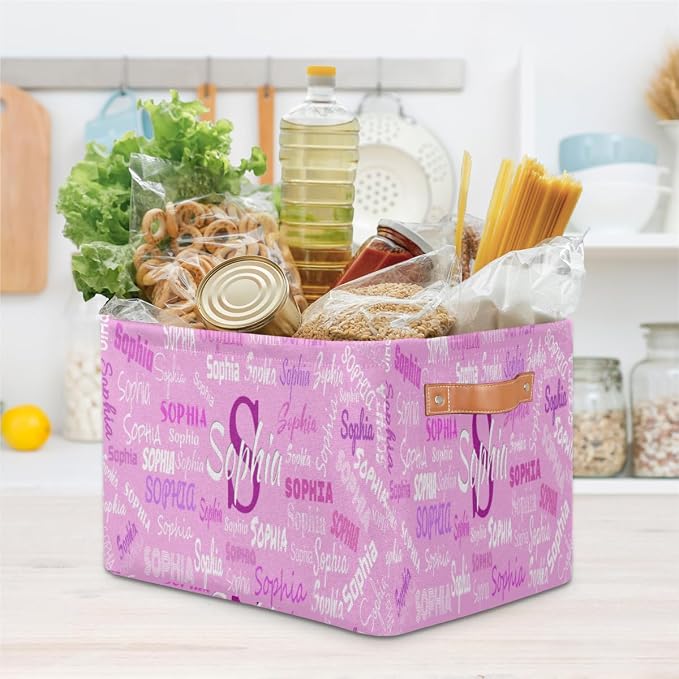 Personalized Kids Toy Box with Name, Custom Nursery Baskets Cubes Bins, Kids Custom Storage Basket Laundry Baskets Organizer with Handles, Pink Background