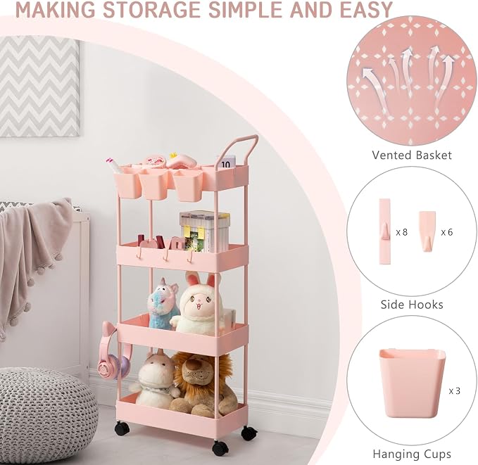 Danpinera 4-Tier Pink Slim Storage Cart, Narrow Laundry Cart with Wheels, Dividers, Hanging Cups, Hooks, Easy Assembly