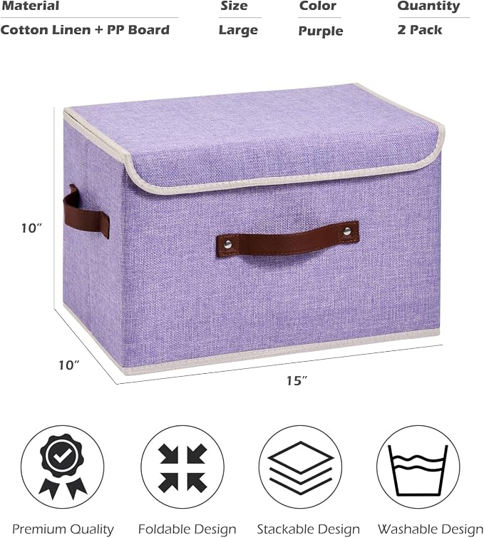 2PCS Storage Boxes with Lids Cotton Linen Fabric Bins Baskets | Decorative Collapsible Washable, Clothes Container Organizer for Closet Shelf, w/ Faux Leather Handles, Purple, Large