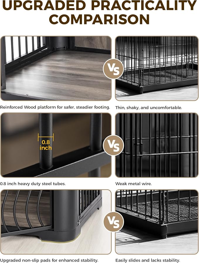 48 Inch Large Dog Crate Furniture, Heavy Duty Wood Dog Kennel Furniture Indoor for Large and Medium Dogs, Pet Crate Furniture with Adjustable Rotating Hanging Bowl and Table, Wood White