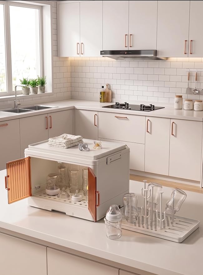 Vessy Baby Bottle Organizer for countertop with Drying Rack, Cover Dustproof Baby Bottle Storage Box Cabinet Station Essentials Clear Doors Plastic Storage Organizer White