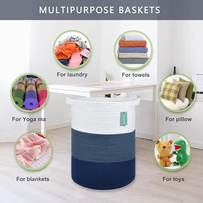 Cotton Rope Blanket Basket, 72L Tall Laundry Hamper, White & Blue
