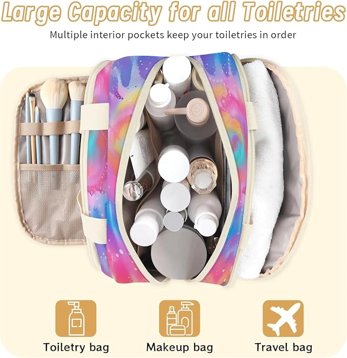 Pinks And Purple Tie Dye Marble Travel Toiletry Bag with Handle | Wet & Dry Separation, Full-Size Bottle Friendly, Leak-Proof, Waterproof, Easy to Clean, for Travel, Gym, Home