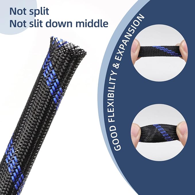 Braided Cable Sleeving, PET Expandable Braided Cable Sleeve, Flexible Mesh Sleeving Cord Management for Audio Video and Other Home Device, Cord Protector from Pets (Blue Red, 1/8" x 25ft)