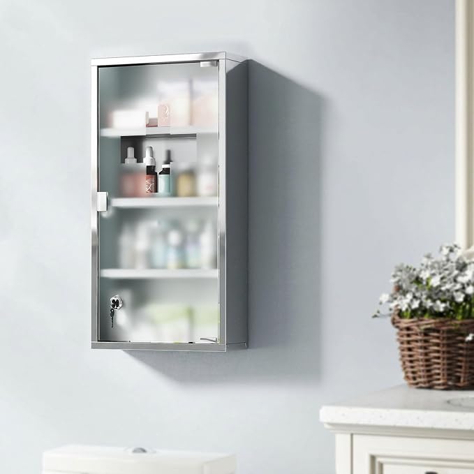 HOMCOM Wall Mounted Medicine Cabinet Lockable Wall Cabinet Silver 12" x 24" | 4 Tier Shelves, Stainless Steel Frame, Glass Door, 2 Keys