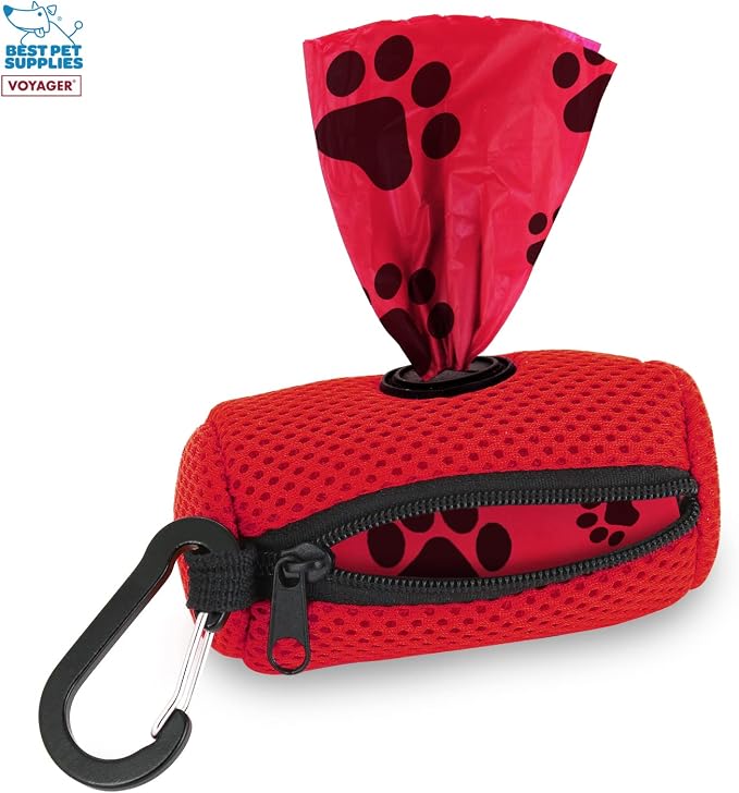 Best Pet Supplies Dog Poop Bag Holder Leash Attachment with Reusable Dispenser for Travel, Walking, Park, and Outdoor Use, Durable with Clip-On - Red, Mesh Dispenser w/15 Bags