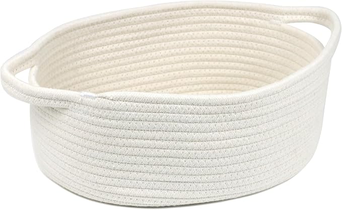 Small Woven Cotton Rope Basket with Handles, White, 12 Inch | Empty Gift Basket, Bathroom and Closet Organizer, Nursery Toy Storage, Decorative Boho Basket, Shelf Storage Bin