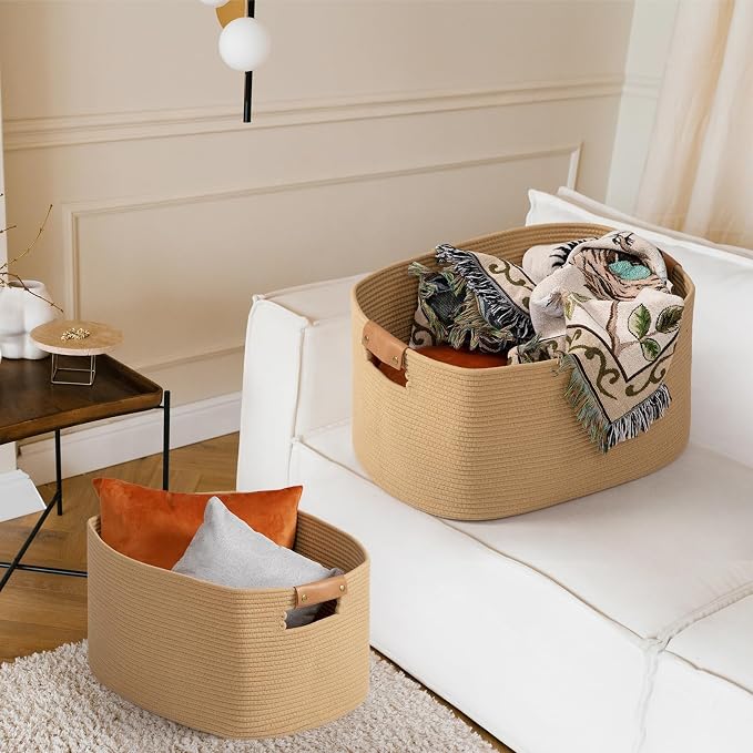 danpinera Large Blanket Basket for Living Room, 72 L Woven Cotton Rope Baskets for Kids Toy, Pillows, Towels, Cotton Organizing with leather handle, Storage Bin for Nursery, 22’’*17’’*11.8’’ Jute