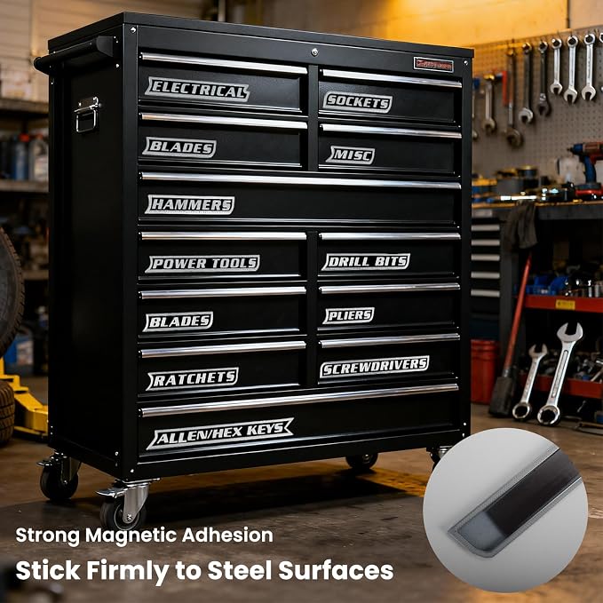 Magnetic Tool Box Labels Black for Organization Magnet Toolbox Cart Chest Accessories Drawers Organizer Heavy Duty 12 Pack of Magnets Label Us General Custom Premium 3D Breaker Stickers（Red）