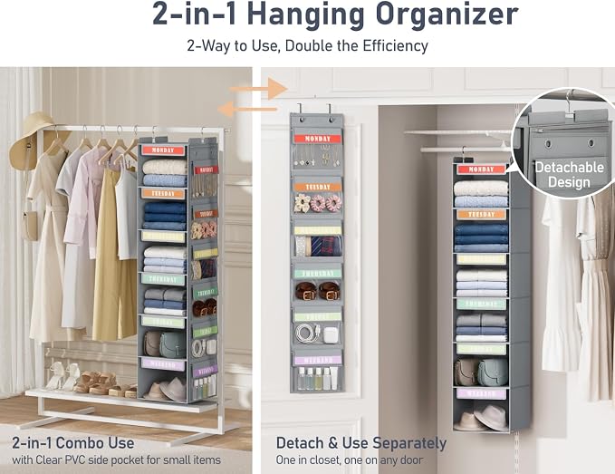 DIMJ Hanging Closet Organizer 2 in 1 - Weekly Clothes Organizer for Kids Over the Door Organizer 6-Shelf Daily Monday Friday Weekend Hanging Shelves, for School Outfits, Baby Clothes, Grey