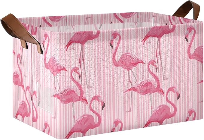 Pink Striped Bg Tropical Flamingo Storage Basket Foldable Cube Storage Bins with Handles&Label Waterproof Collapsible Organizer Box Bin Large Rectangle Decorative Baskets for Shelves Home Room Laundry