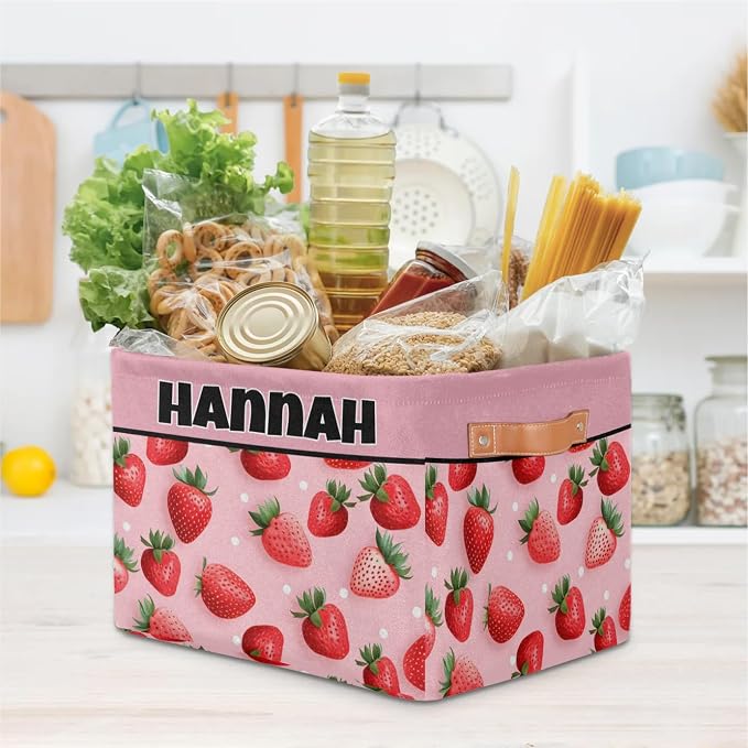 Custom Name Storage Bin, Personalized Rectangular Storage Basket with Handles for Organizing Girls Toys Office Closet Shelf Baskets Fruit Strawberry Pink Background