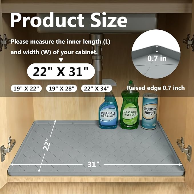 Mateeylife Under Sink Mat Kitchen Waterproof, Silicone Sink Tray 22"X31" | Under Sink Organizer Cabinet Shelf Protective Liner, Multi-use Silicone Mat for Boot Tray & Litter Mat, Light Grey