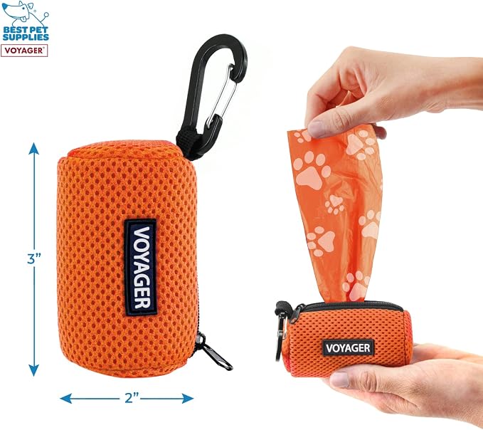 Best Pet Supplies Dog Poop Bag Holder Leash Attachment with Reusable Dispenser for Travel, Walking, Park, and Outdoor Use, Durable with Clip-On - Orange, Mesh Dispenser w/15 Bags