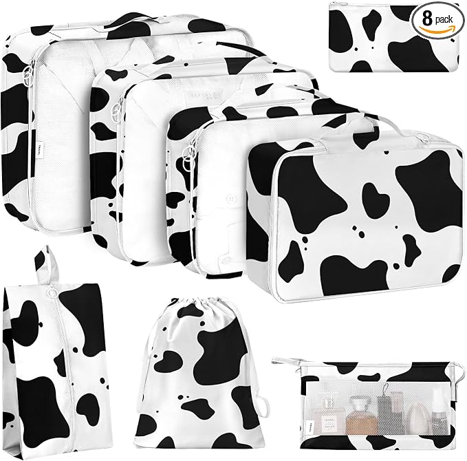 KPX 8 Set Packing Cubes for Travel, Luggage Packing Organizers Accessories Large Toiletries Bag for Clothes Shoes Cosmetics (Cow)