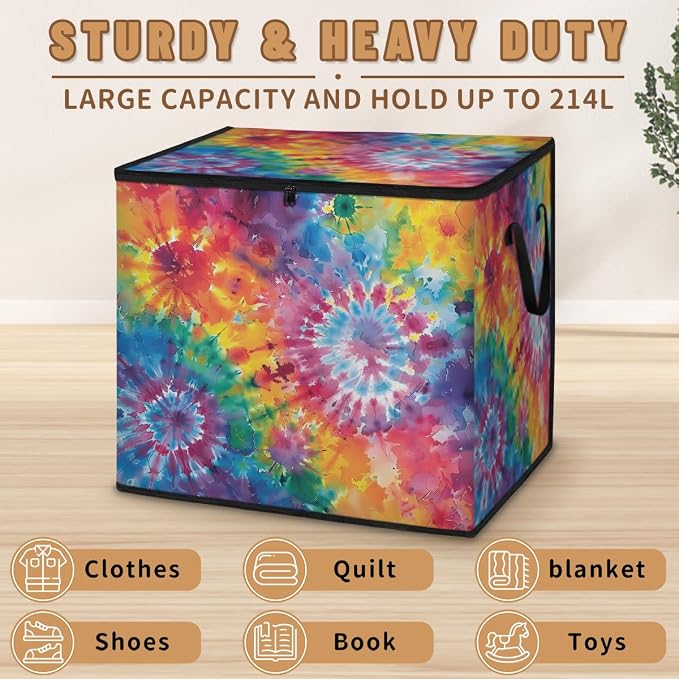 Tie Dye Large Storage Bags, Fabric Bed Storage Containers, Foldable Closet Organizers for Blanket, Clothing, Comforter, Bedding, Colorful