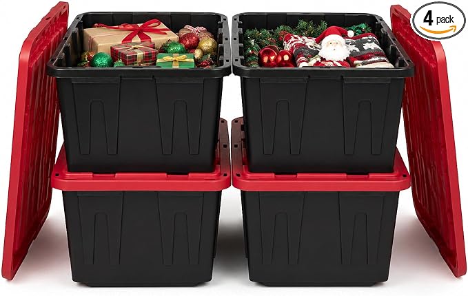 27 Gallon Storage Bins with Lids, Heavy Duty Plastic Stackable Totes, 4-Pk | High-impact polypropylene construction resists dents and stains. Features lockable lid channels and integrated grip handles.