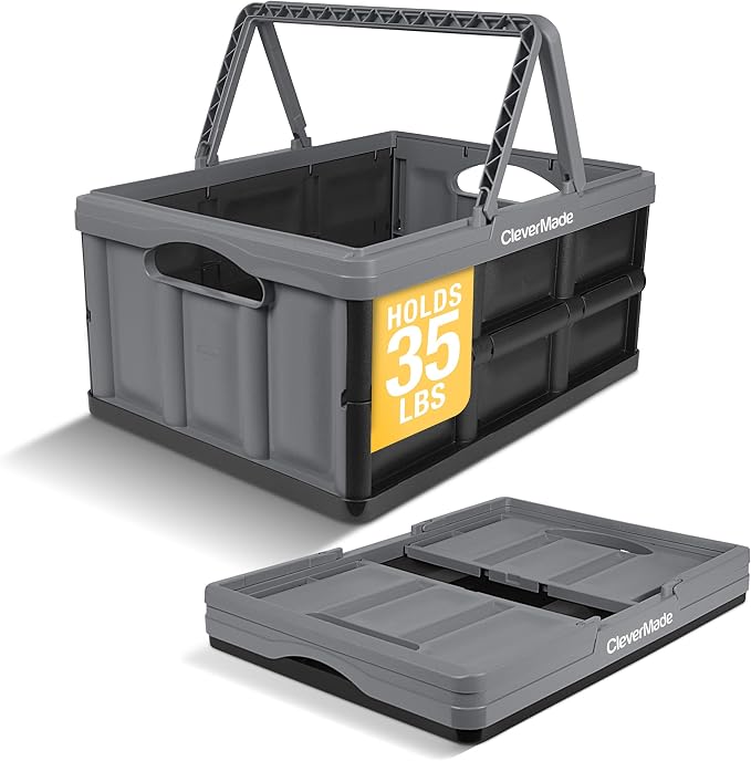 CleverMade Collapsible Shopping Basket, 32L Storage Crate, 1 Pack, Stone | Carry Bigger Grocery Hauls with Confidence | Rigid Walls Hold 35 lb, While Top and Side Handles Balance the Load