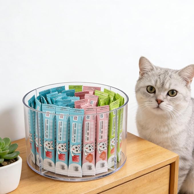 Lickable Cat Treats Organizer, Clear Acrylic Lazy Susan Cat Treat Holder with 4 Compartments, Squeeze Up Cats Food Storage for Wet Treat Tubes, Puree Snacks, Countertop Pantry Shelf
